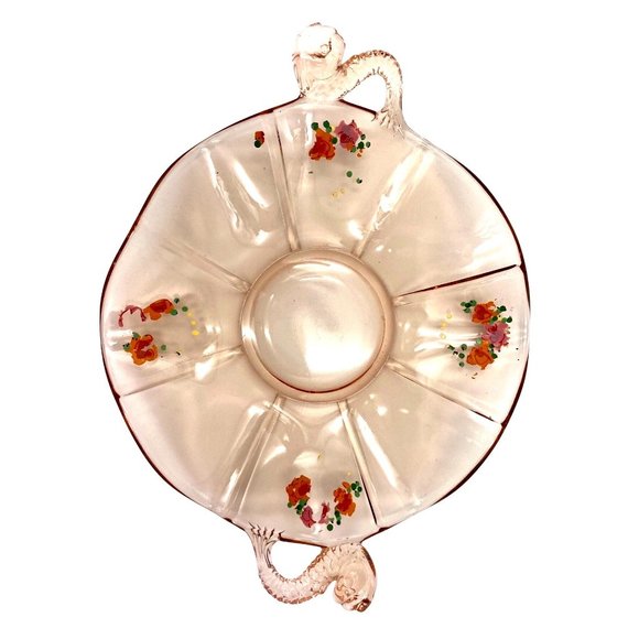 Fenton Candy Dishes 2 Items Dolphin Handles 1930s Pink Depression Cut Glass Hand - Picture 14 of 16